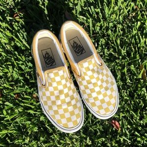 Yellow Checkboard Vans Slip Ons